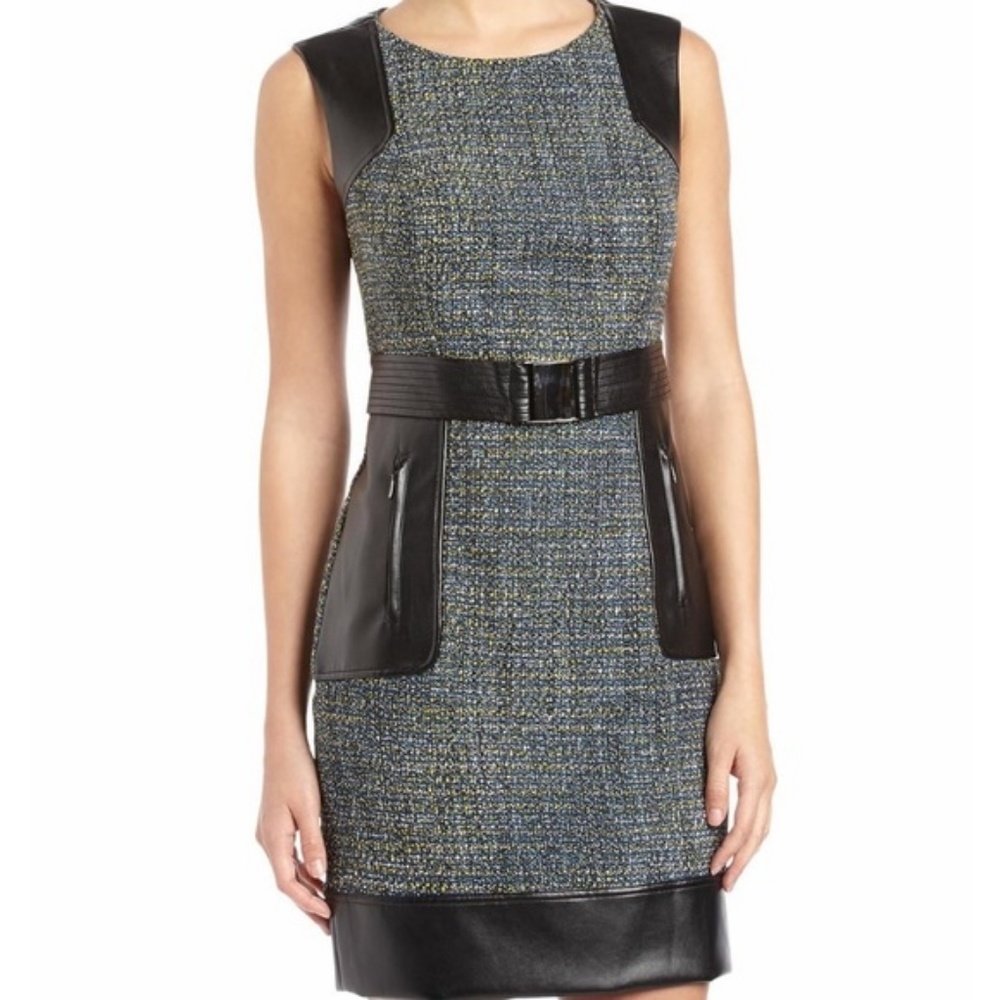 LAUNDRY Tweed & Faux-Leather Belted Dress
